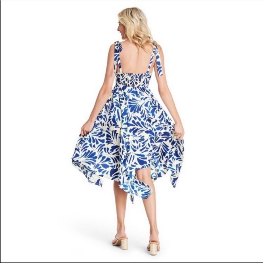 Alexis x Target Blue Botanical Tie Strap Asymmetrical Hem Dress Sz M Flowy